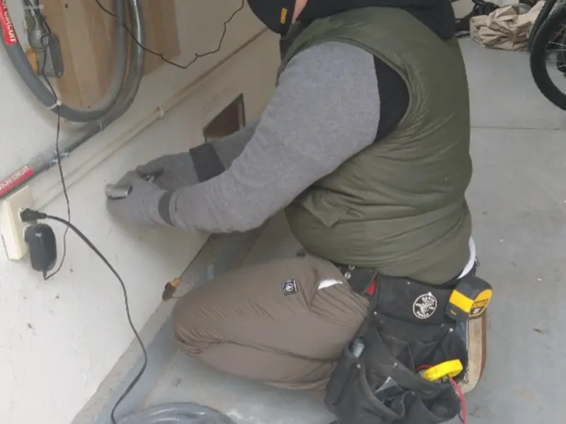 Electrician performing outlet wiring in a Madison Heights garage